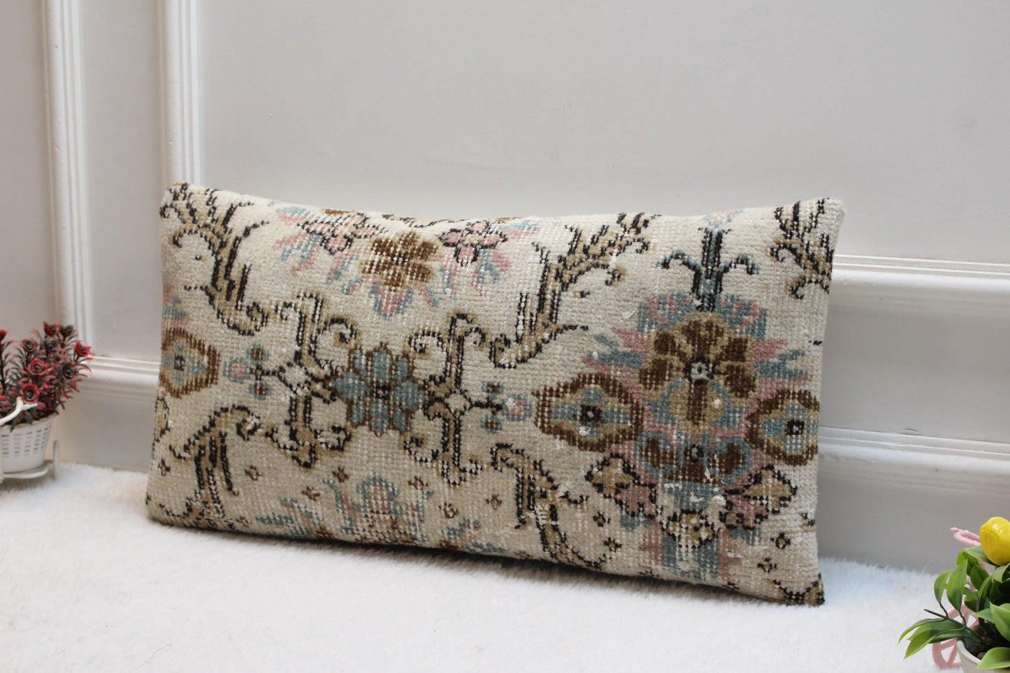 Handmade Turkish Kilim Lumbar Pillow: Soft Pastel Rustic Accent (12x24 inch)
