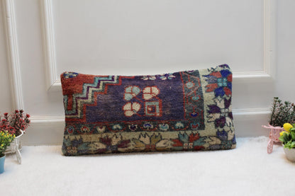 Vintage Turkish Kilim Lumbar Pillow Cover: Boho Wool Cushion (12x24)