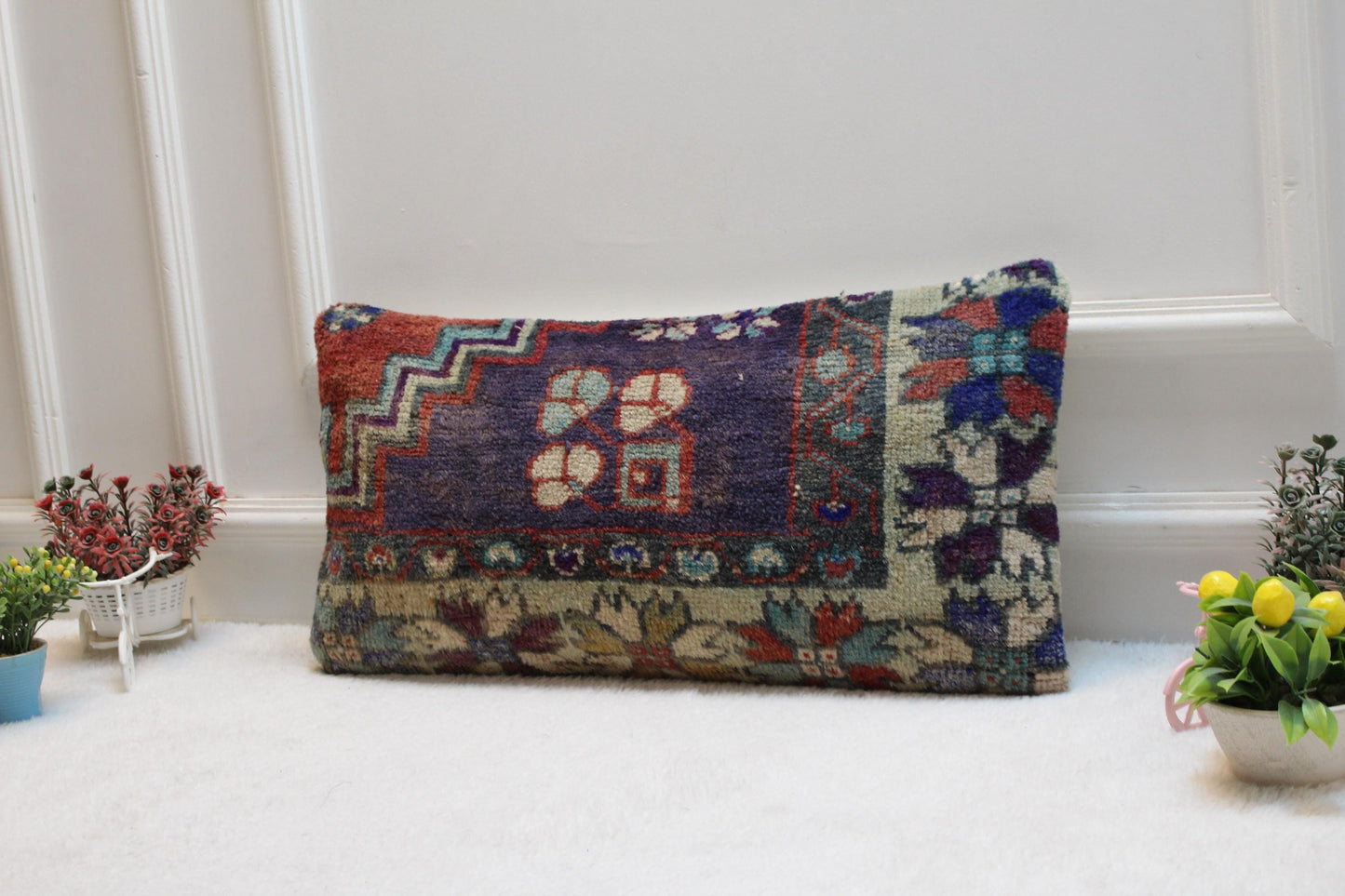 Vintage Turkish Kilim Lumbar Pillow Cover: Boho Wool Cushion (12x24)