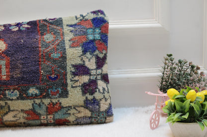 Vintage Turkish Kilim Lumbar Pillow Cover: Boho Wool Cushion (12x24)