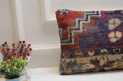 Vintage Turkish Kilim Lumbar Pillow Cover: Boho Wool Cushion (12x24)