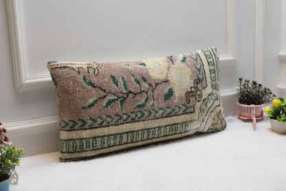 Turkish Kilim Lumbar Pillow: Vintage Floral Rug Cushion (12x24 inch)
