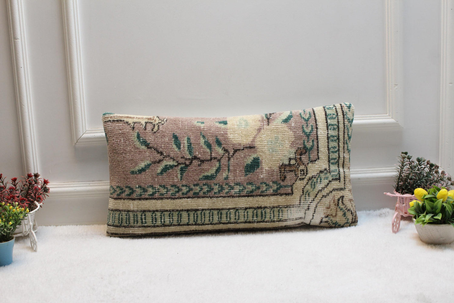 Turkish Kilim Lumbar Pillow: Vintage Floral Rug Cushion (12x24 inch)