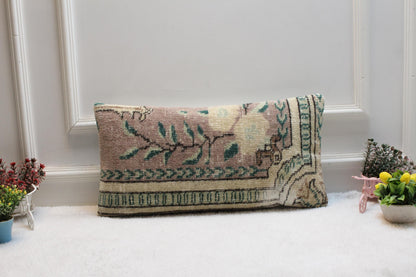Turkish Kilim Lumbar Pillow: Vintage Floral Rug Cushion (12x24 inch)