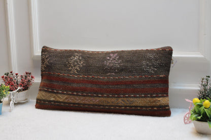 Handmade Kilim Lumbar Pillow Cover: Bohemian Woven Wool, 12x24 inch