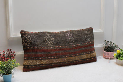 Handmade Kilim Lumbar Pillow Cover: Bohemian Woven Wool, 12x24 inch