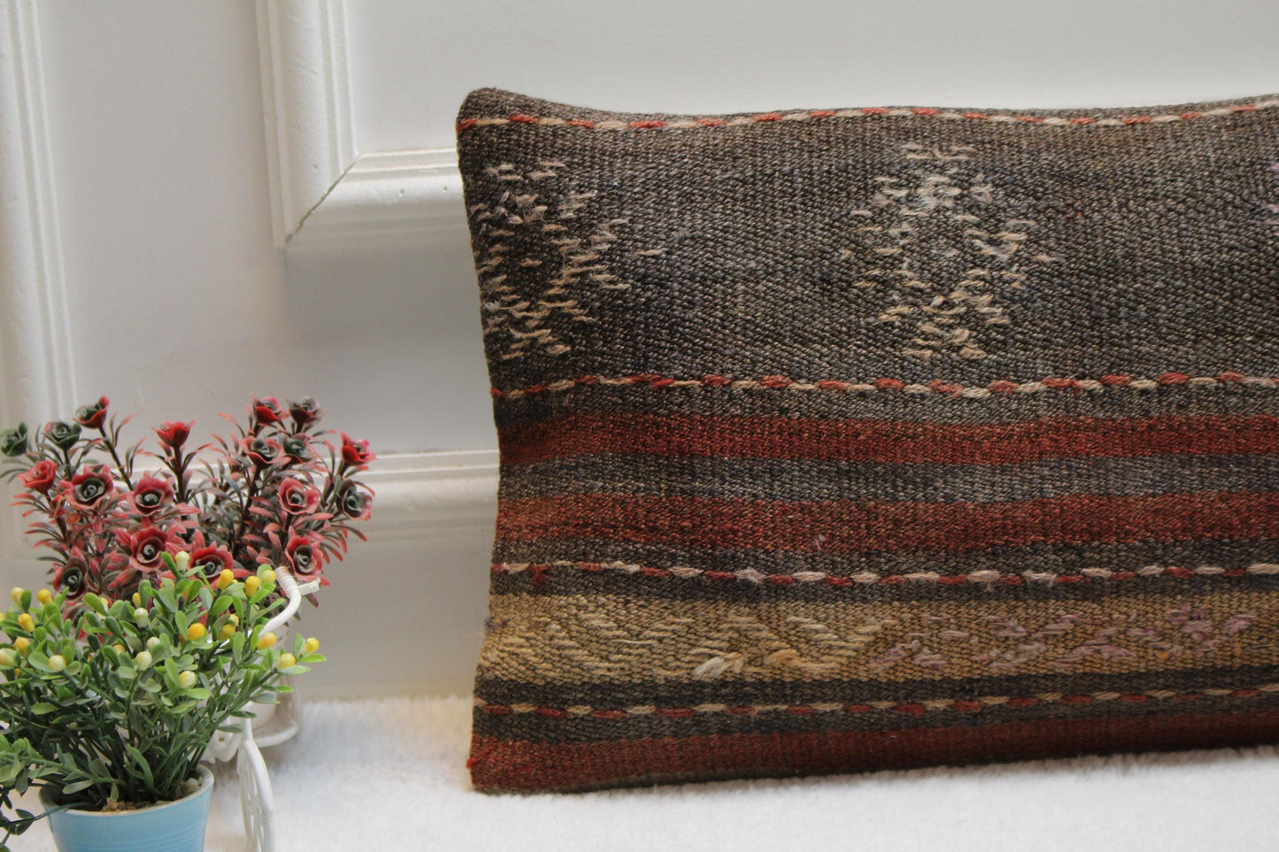 Handmade Kilim Lumbar Pillow Cover: Bohemian Woven Wool, 12x24 inch