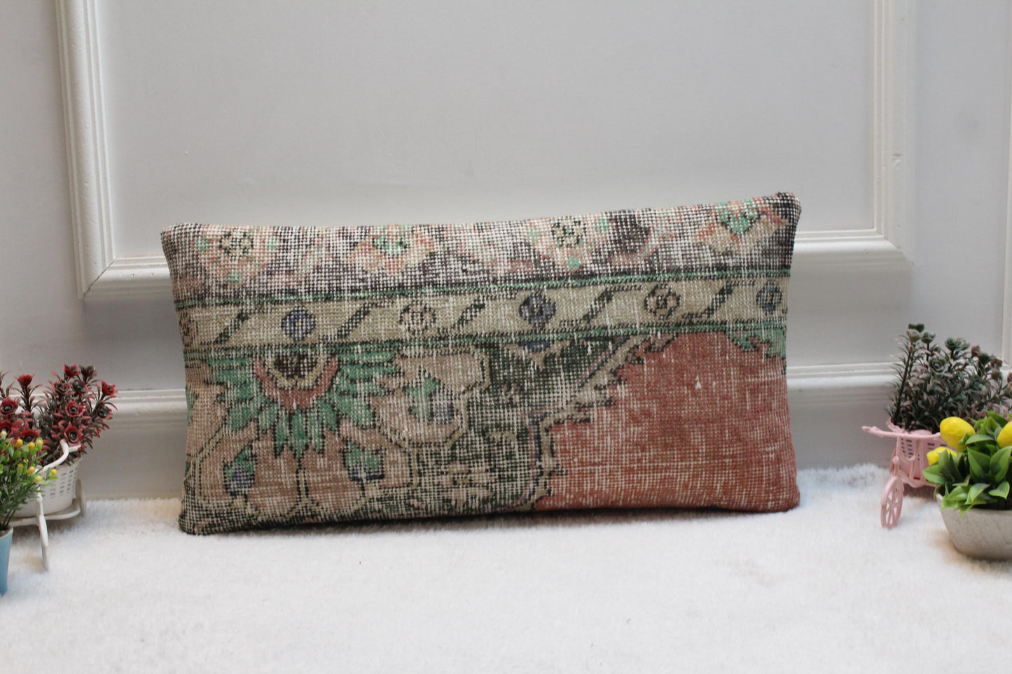 Handmade Kilim Lumbar Pillow Cover: Earth Tone Floral Rug Cushion (12x24)