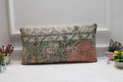 Handmade Kilim Lumbar Pillow Cover: Earth Tone Floral Rug Cushion (12x24)