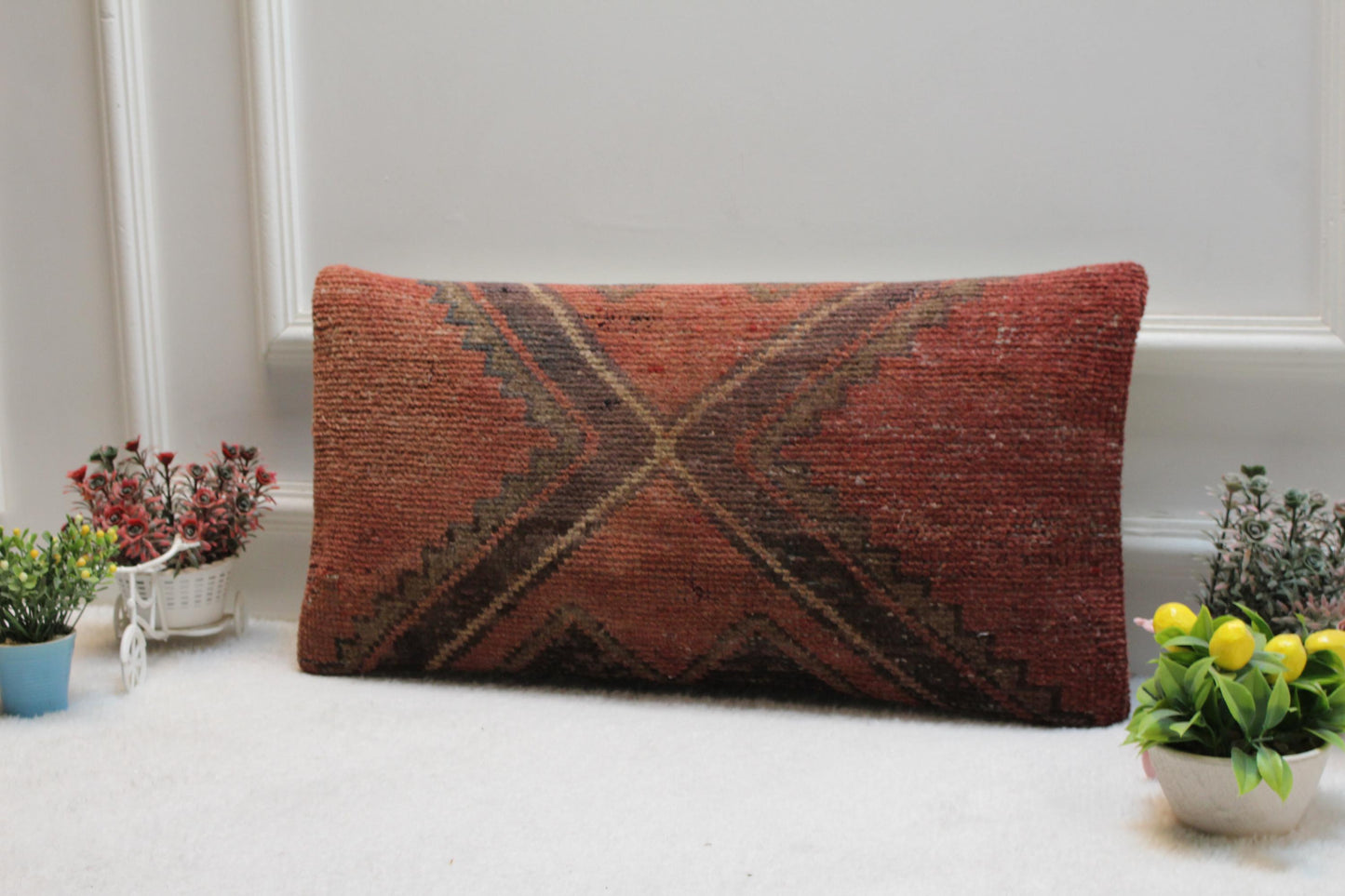 Tribal Kilim Lumbar Pillow 12x24: Rustic Woven Wool Cushion