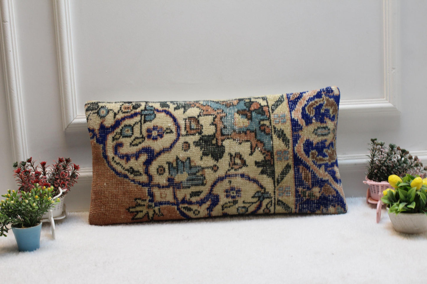 Oriental Kilim Lumbar Pillow 12x24: Vintage Turkish Rug Cushion