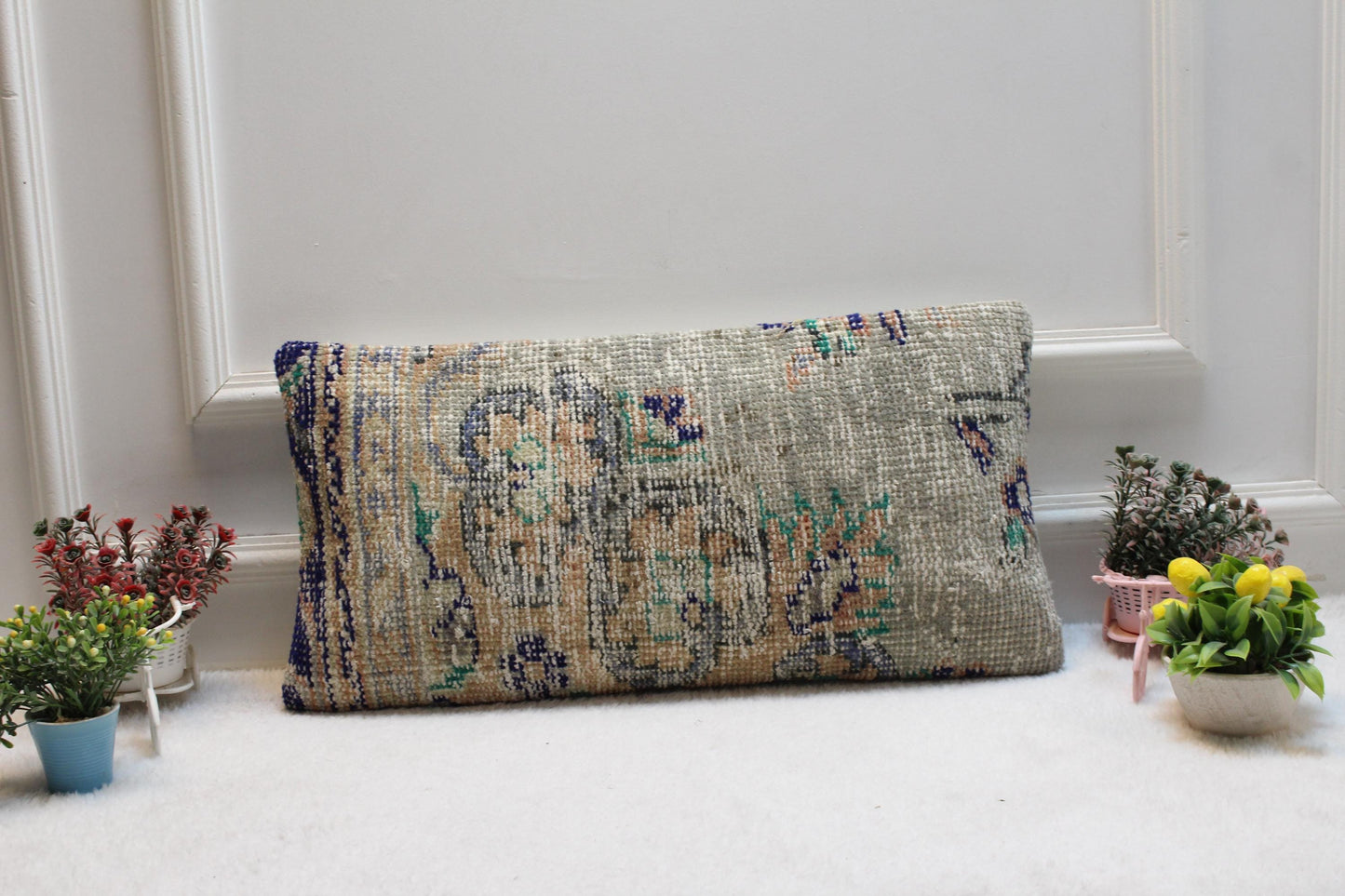 Handmade Turkish Rug Lumbar Pillow Cover: Faded Floral, 12x24