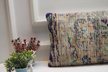 Handmade Turkish Rug Lumbar Pillow Cover: Faded Floral, 12x24