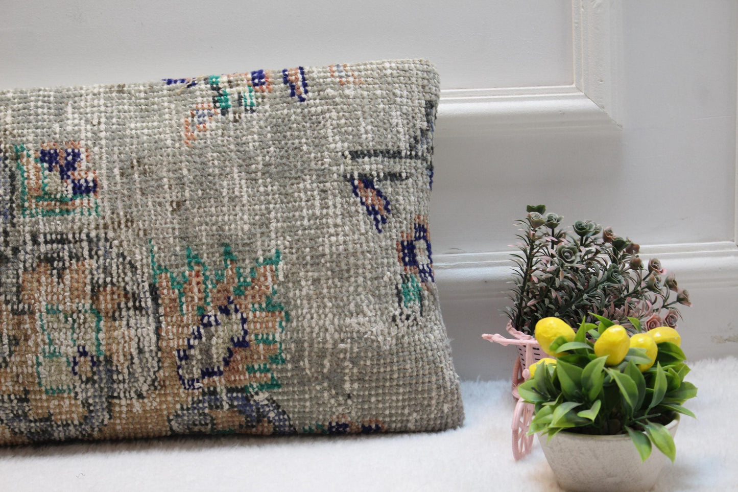 Handmade Turkish Rug Lumbar Pillow Cover: Faded Floral, 12x24