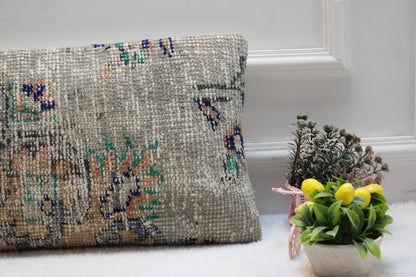 Handmade Turkish Rug Lumbar Pillow Cover: Faded Floral, 12x24