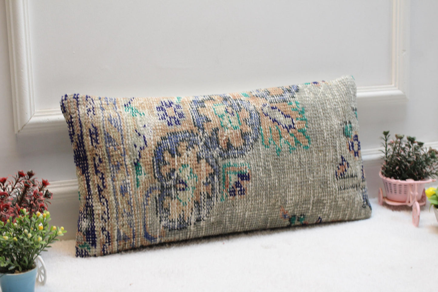 Neutral Lumbar Kilim Pillow Cover 12x24: Vintage Turkish Rug Cushion