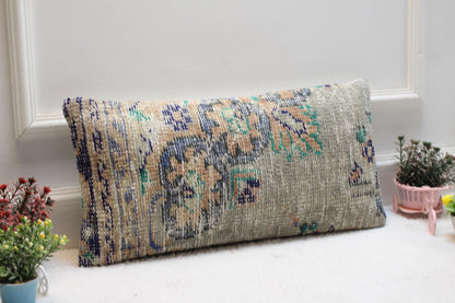 Neutral Lumbar Kilim Pillow Cover 12x24: Vintage Turkish Rug Cushion