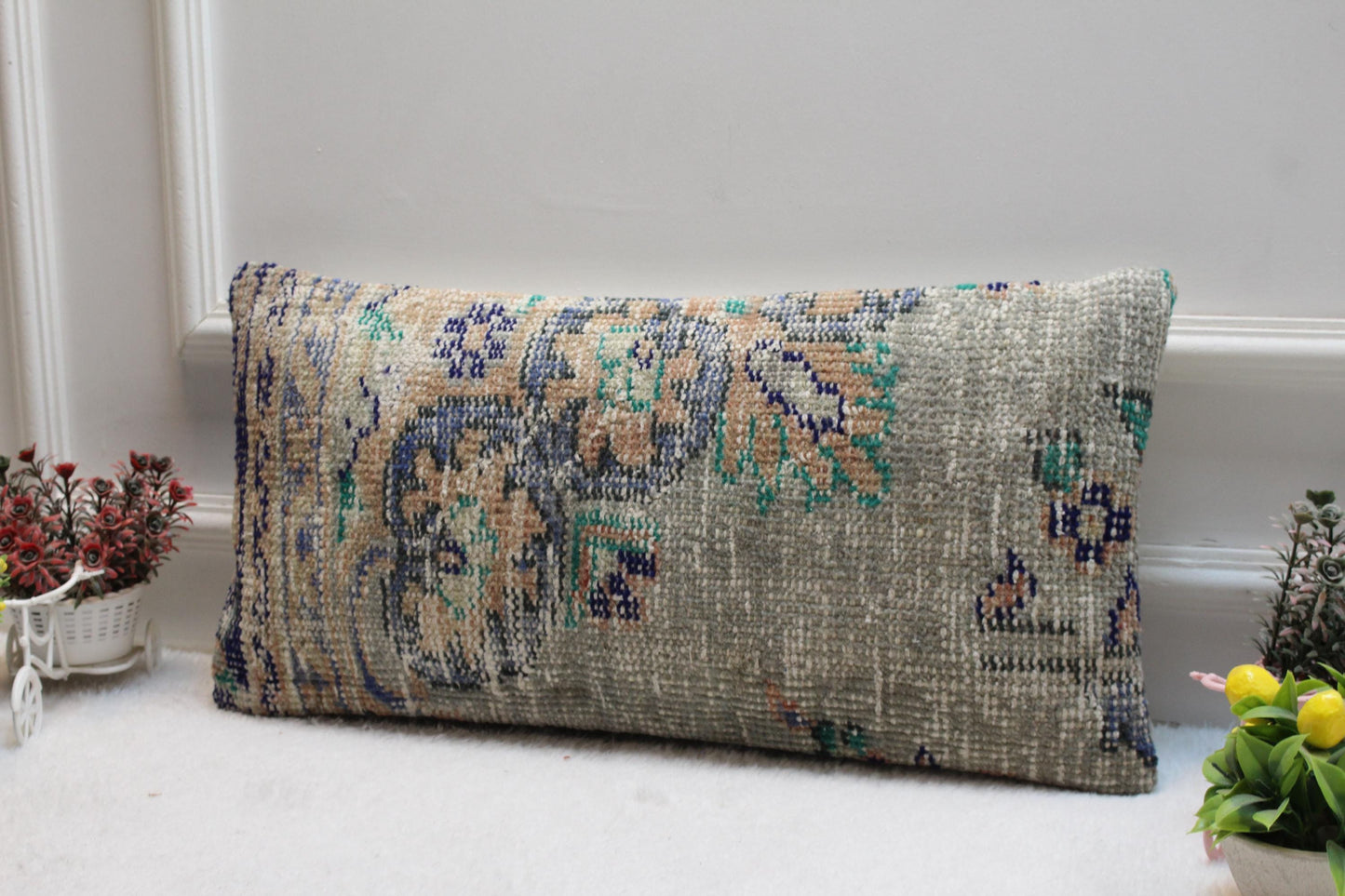 Neutral Lumbar Kilim Pillow Cover 12x24: Vintage Turkish Rug Cushion