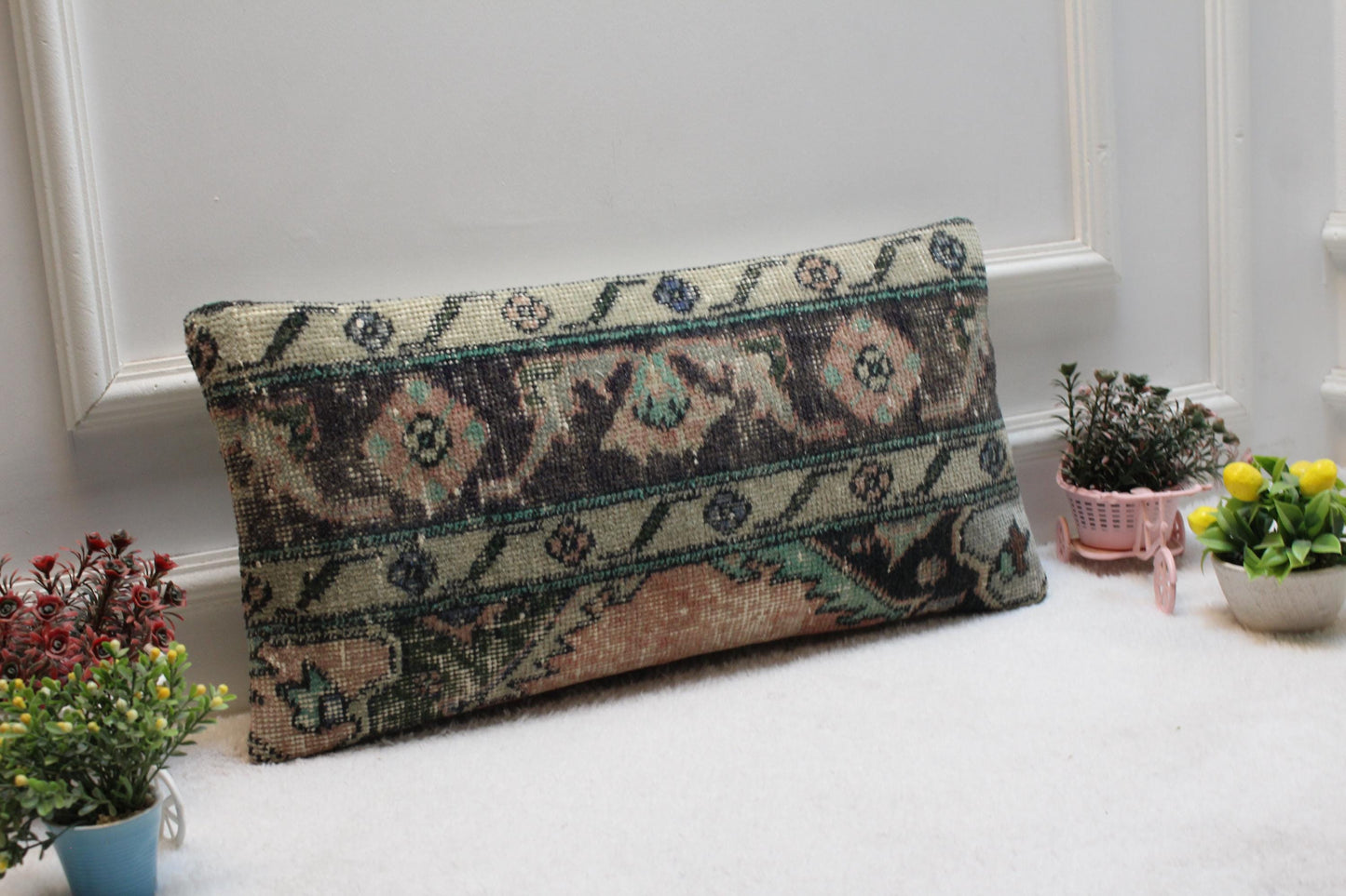 Vintage Turkish Kilim Lumbar Pillow: Faded Green Floral Cushion (12x24)