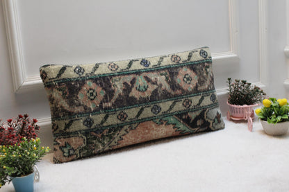 Vintage Turkish Kilim Lumbar Pillow: Faded Green Floral Cushion (12x24)