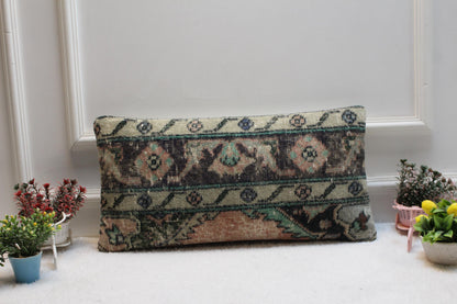 Vintage Turkish Kilim Lumbar Pillow: Faded Green Floral Cushion (12x24)