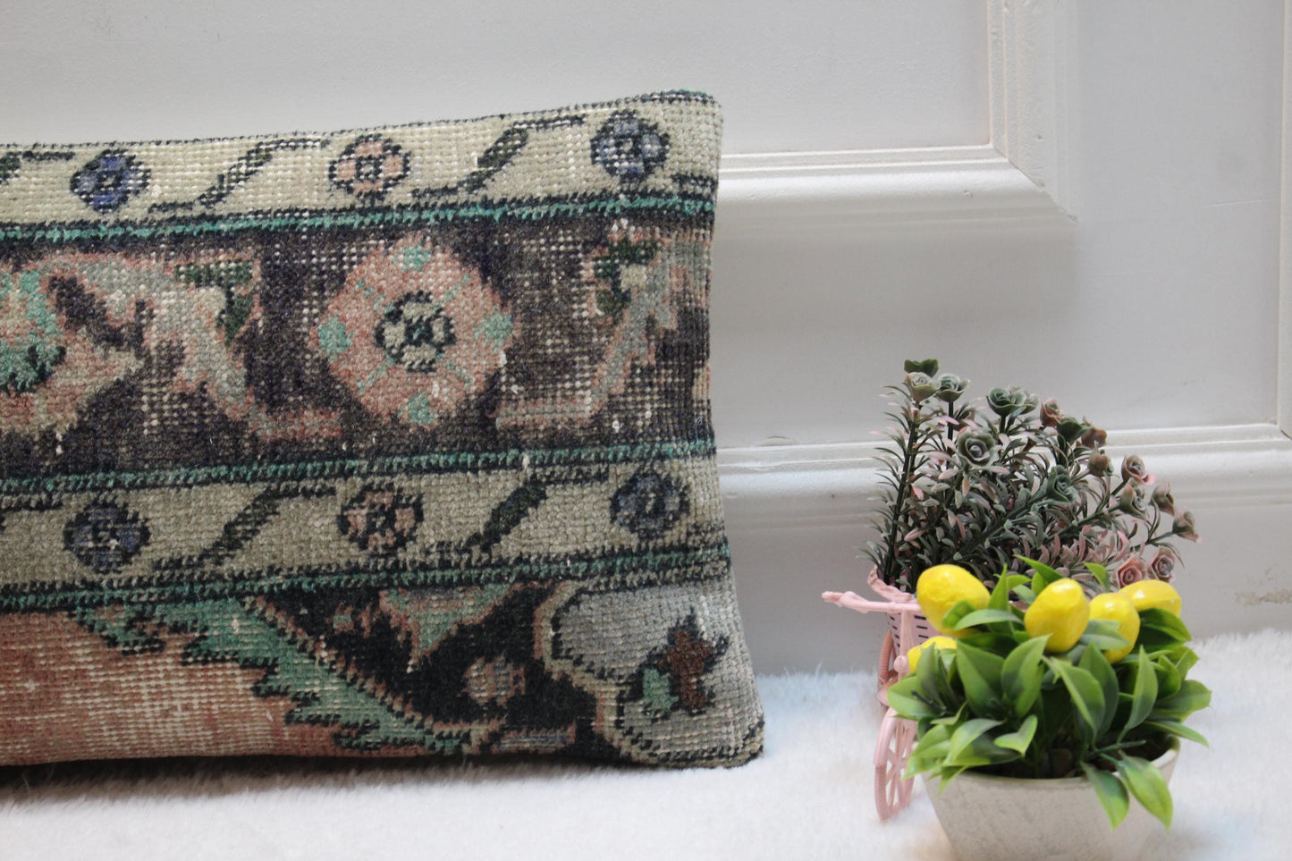Vintage Turkish Kilim Lumbar Pillow: Faded Green Floral Cushion (12x24)