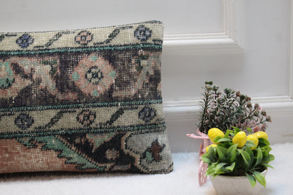 Vintage Turkish Kilim Lumbar Pillow: Faded Green Floral Cushion (12x24)