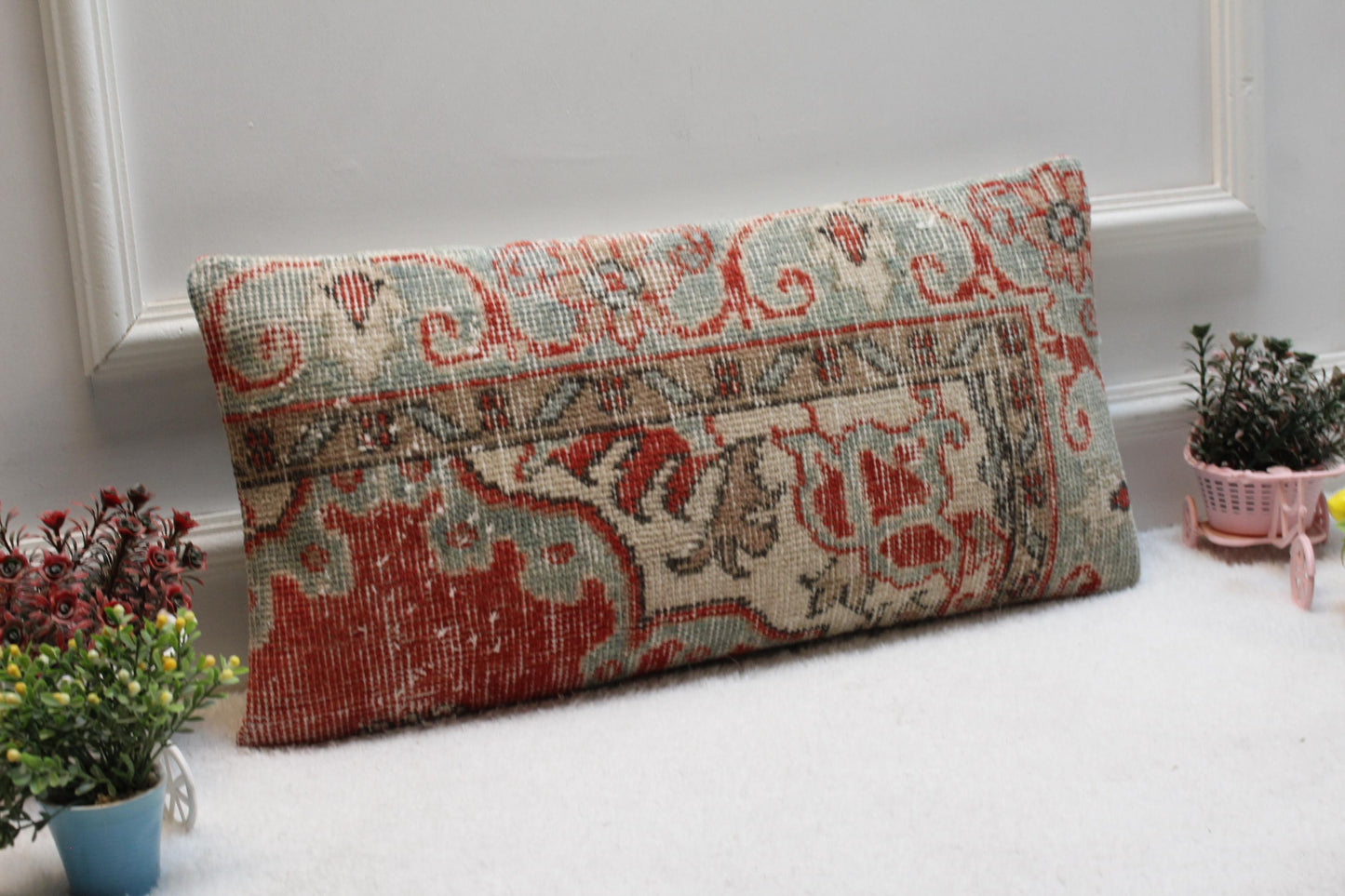 Handmade Kilim Lumbar Pillow Cover: Turkish Rug Cushion, Red & Mint (12x24)