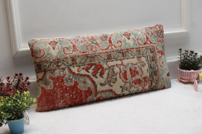 Handmade Kilim Lumbar Pillow Cover: Turkish Rug Cushion, Red & Mint (12x24)