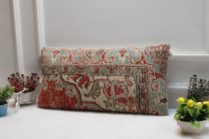 Handmade Kilim Lumbar Pillow Cover: Turkish Rug Cushion, Red & Mint (12x24)