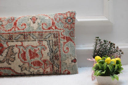 Handmade Kilim Lumbar Pillow Cover: Turkish Rug Cushion, Red & Mint (12x24)