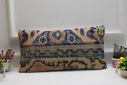 Boho Lumbar Pillow Cover: 12x24 Turkish Kilim, Handmade Wool