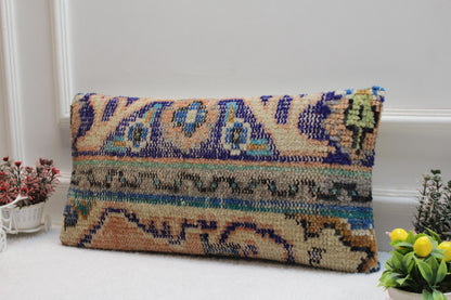 Boho Lumbar Pillow Cover: 12x24 Turkish Kilim, Handmade Wool