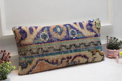 Boho Lumbar Pillow Cover: 12x24 Turkish Kilim, Handmade Wool