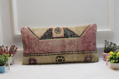Vintage Turkish Rug Lumbar Pillow: Boho Kilim Cushion (12x24)