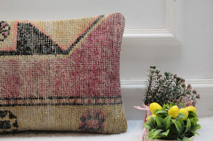 Vintage Turkish Rug Lumbar Pillow: Boho Kilim Cushion (12x24)