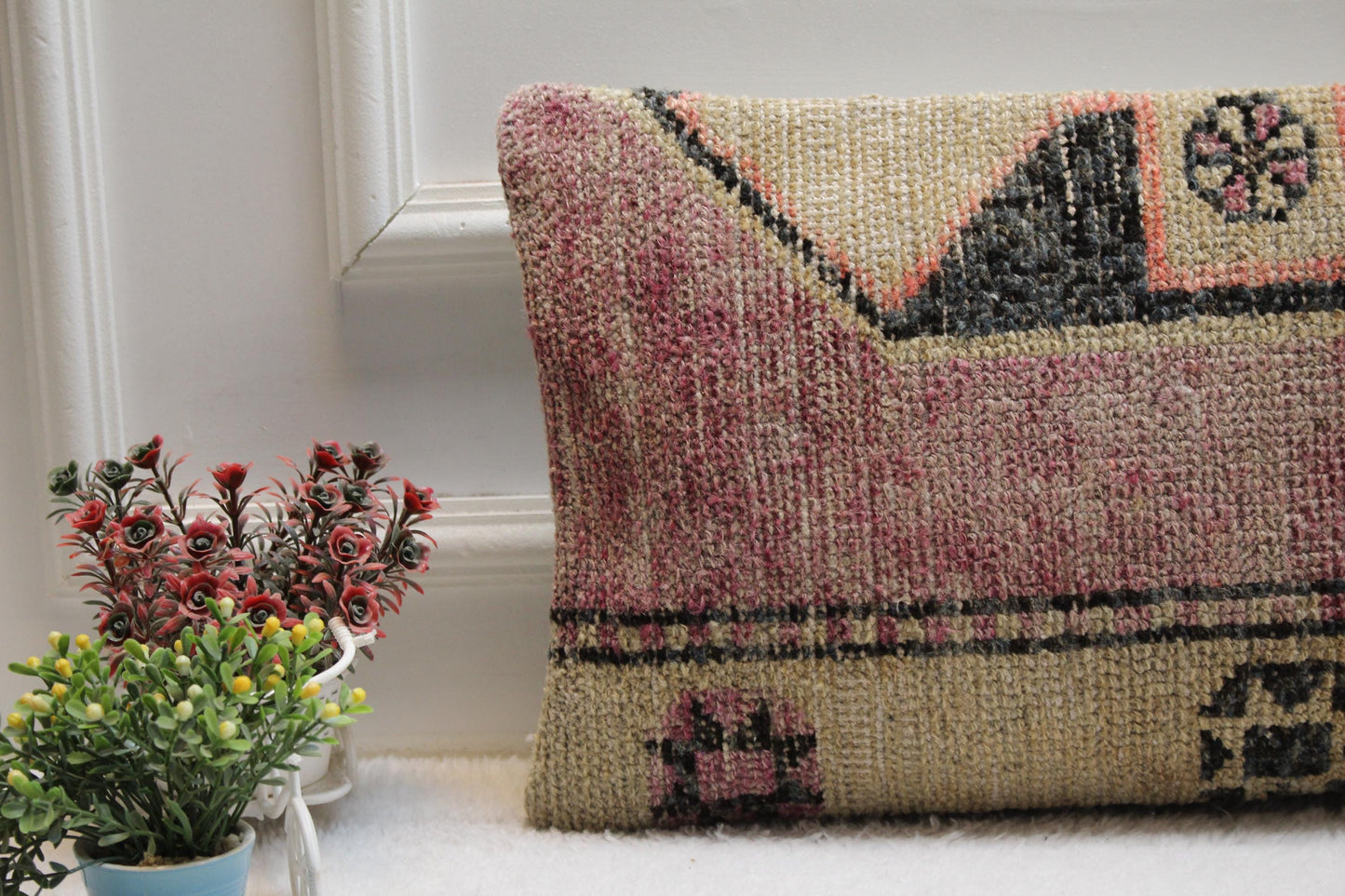 Vintage Turkish Rug Lumbar Pillow: Boho Kilim Cushion (12x24)