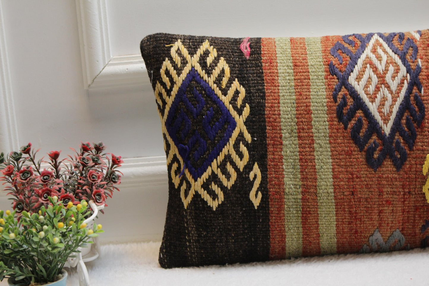 Handmade Kilim Lumbar Pillow Cover: Turkish Rug Style, 12x24