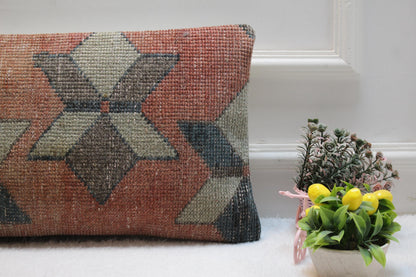 Handmade Kilim Lumbar Pillow Cover: Turkish Star Motif, 12x24 Boho Cushion