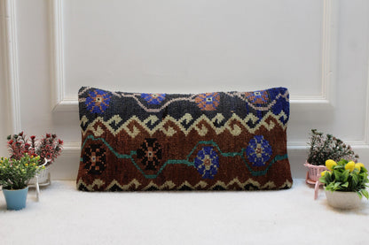 Rustic Kilim Lumbar Pillow Cover: Turkish Rug Cushion 12x24