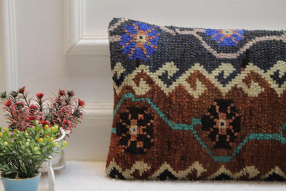 Rustic Kilim Lumbar Pillow Cover: Turkish Rug Cushion 12x24