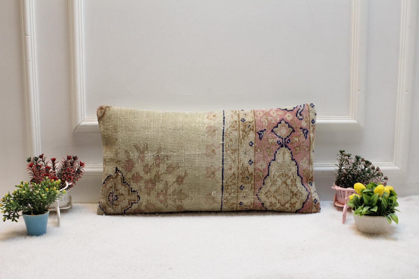 Handmade Turkish Kilim Pillow: Soft Tones Lumbar Cushion (12x24)