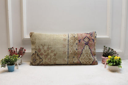 Handmade Turkish Kilim Pillow: Soft Tones Lumbar Cushion (12x24)