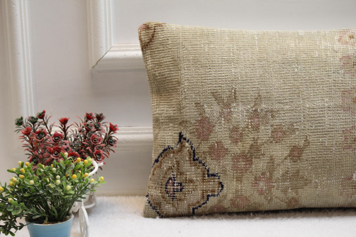 Handmade Turkish Kilim Pillow: Soft Tones Lumbar Cushion (12x24)