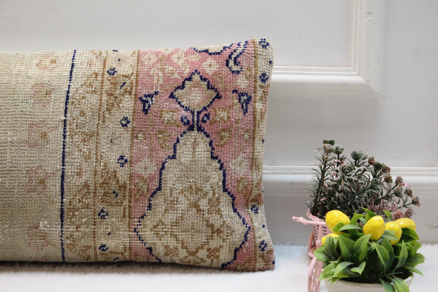 Handmade Turkish Kilim Pillow: Soft Tones Lumbar Cushion (12x24)