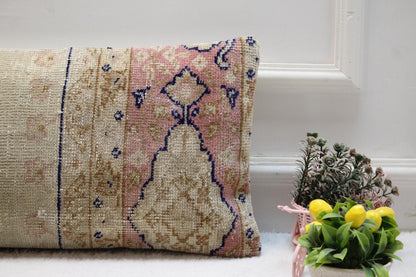 Handmade Turkish Kilim Pillow: Soft Tones Lumbar Cushion (12x24)