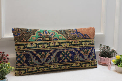 Handmade Turkish Kilim Lumbar Pillow Cover: Bohemian Sofa Cushion 12x24