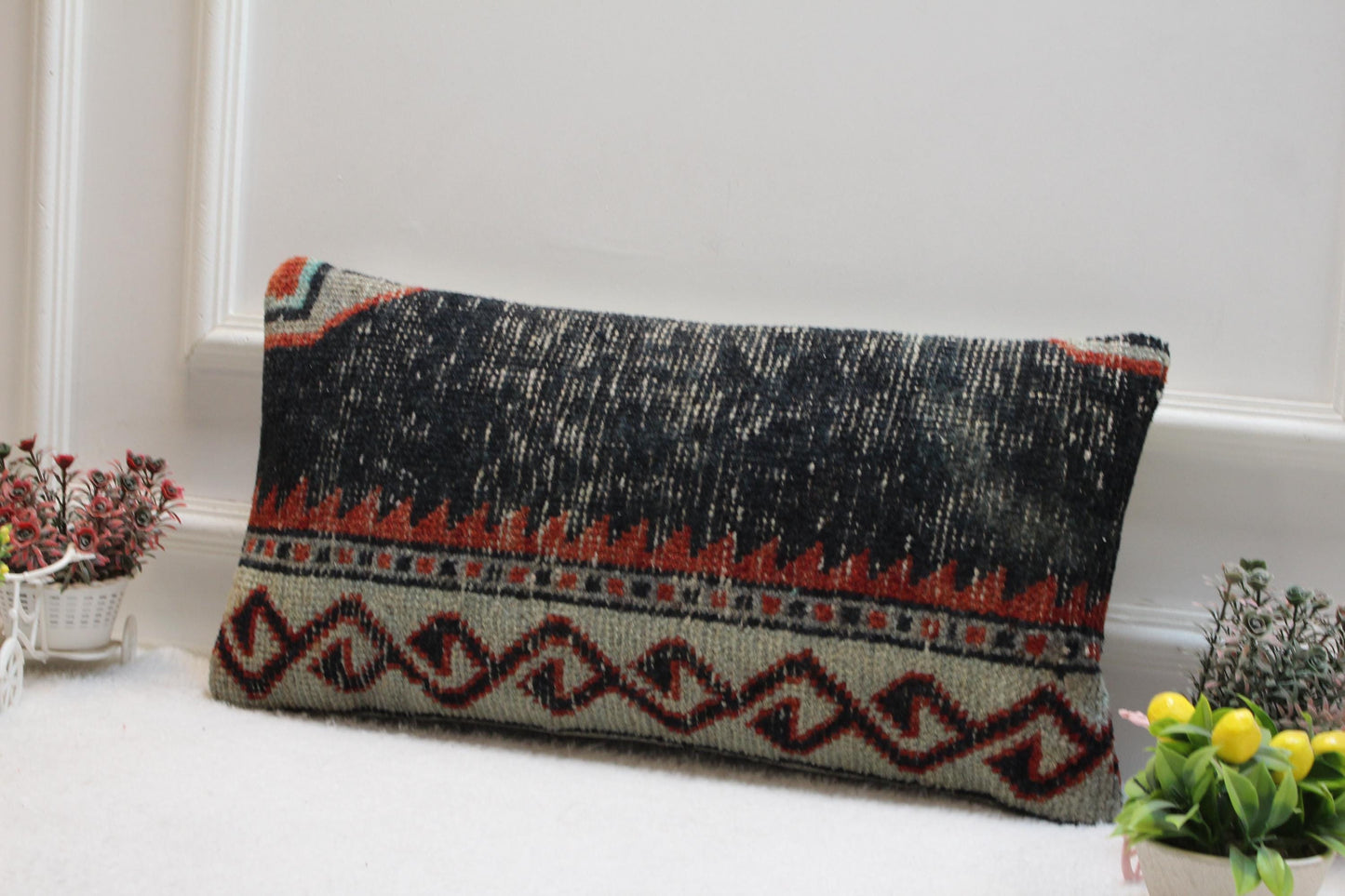 Handmade Kilim Lumbar Pillow Cover: Boho Tribal Decor (12x24 inch)
