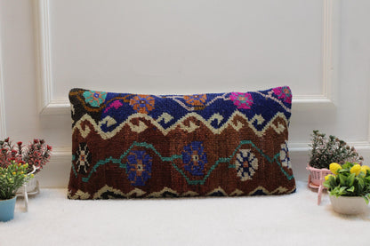 Handwoven Kilim Lumbar Pillow Cover: Turkish Boho Decor (12x24)