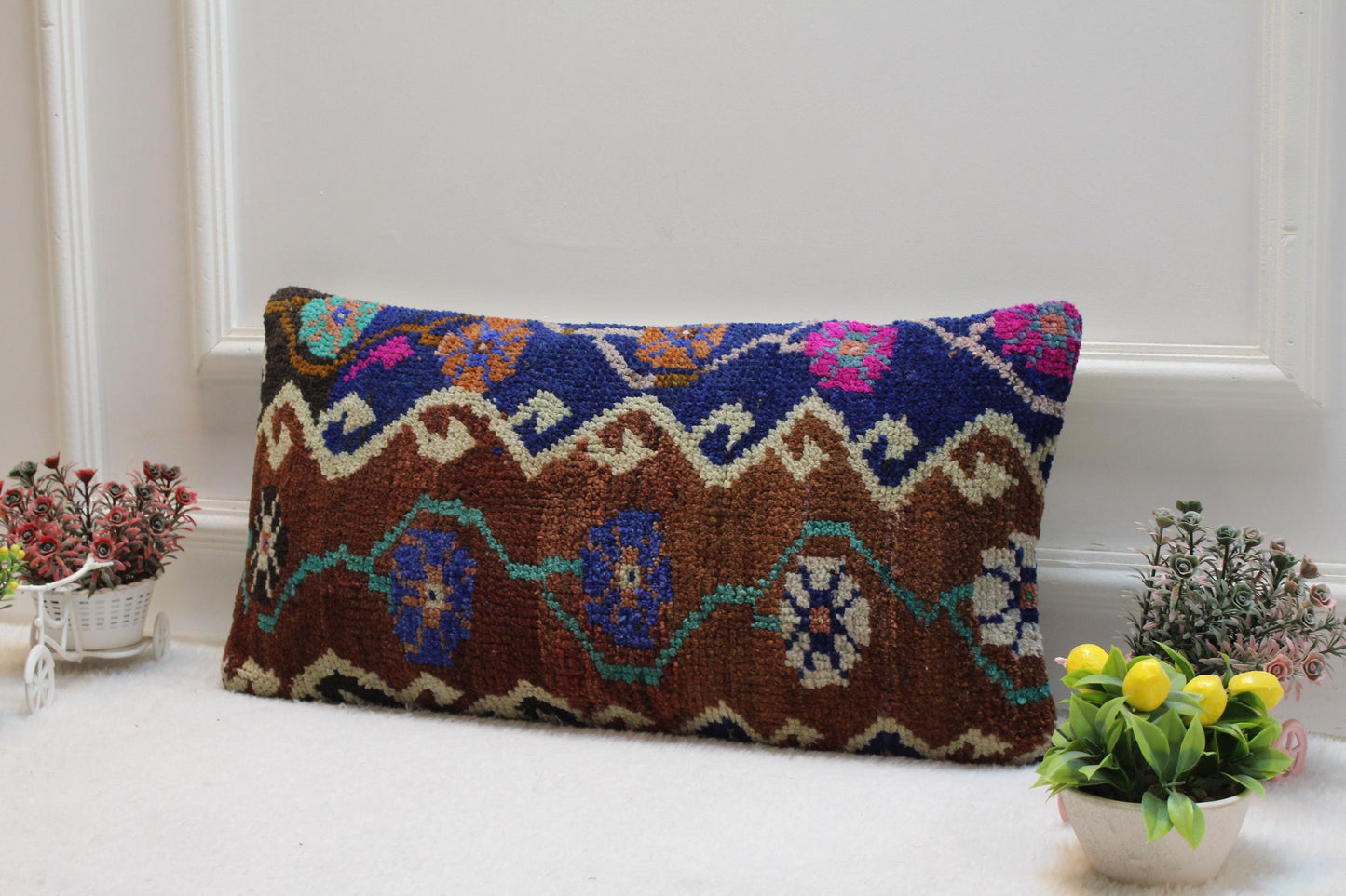 Handwoven Kilim Lumbar Pillow Cover: Turkish Boho Decor (12x24)